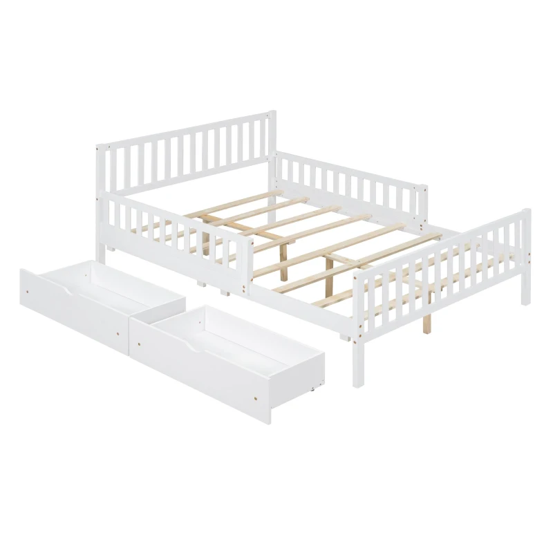 Full Size Wood Platform Bed with 2 Under-Bed Storage Drawers, Solid Bed Frame with Guardrails on Both Sides, 77.5'' L x 57.5'' W x 34.5'' H, White
