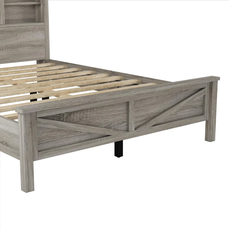 3-Piece Queen Bedroom Set with Sliding Door Storage Headboard, Rustic Platform Bed Set with Built-In Socket, 88.5'' L X 62.5'' W X 40.5" H, Antique Gray