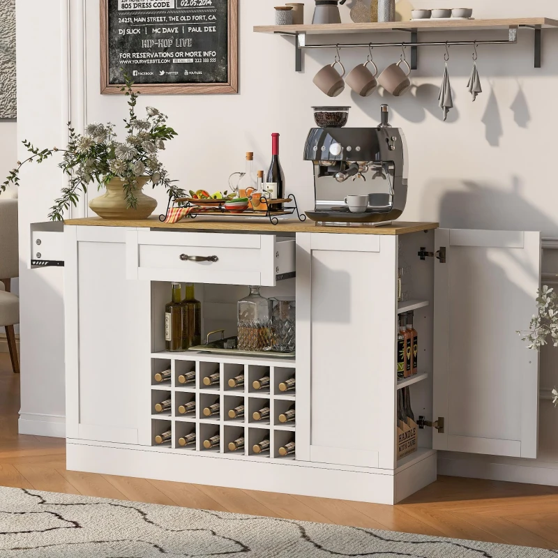 Modern Wine Bar Cabinet with Built-In Power Outlet, Versatile Sideboard with Adjustable Shelves, 47" L x 15.5" W x 34" H, White+Natural