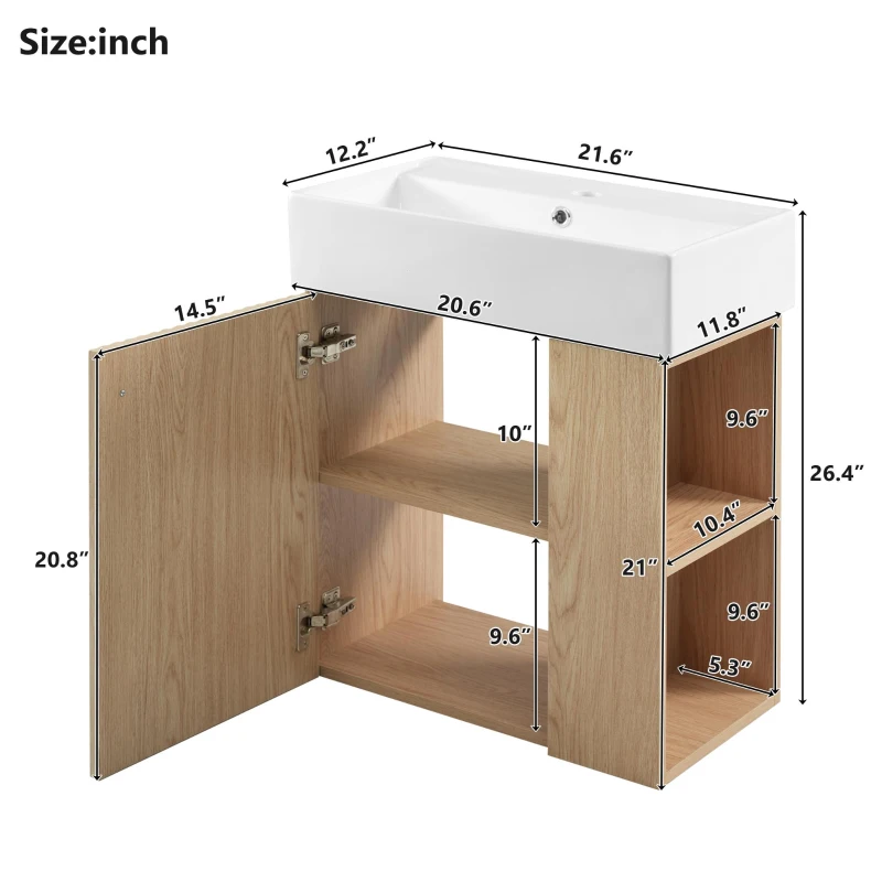 Modern Wall-Mounted Bathroom Vanity with Ceramic Basin, Space-Saving Floating Cabinet for Compact Bathrooms, 21.5'' L x 12'' W x 26.5'' H, Wood