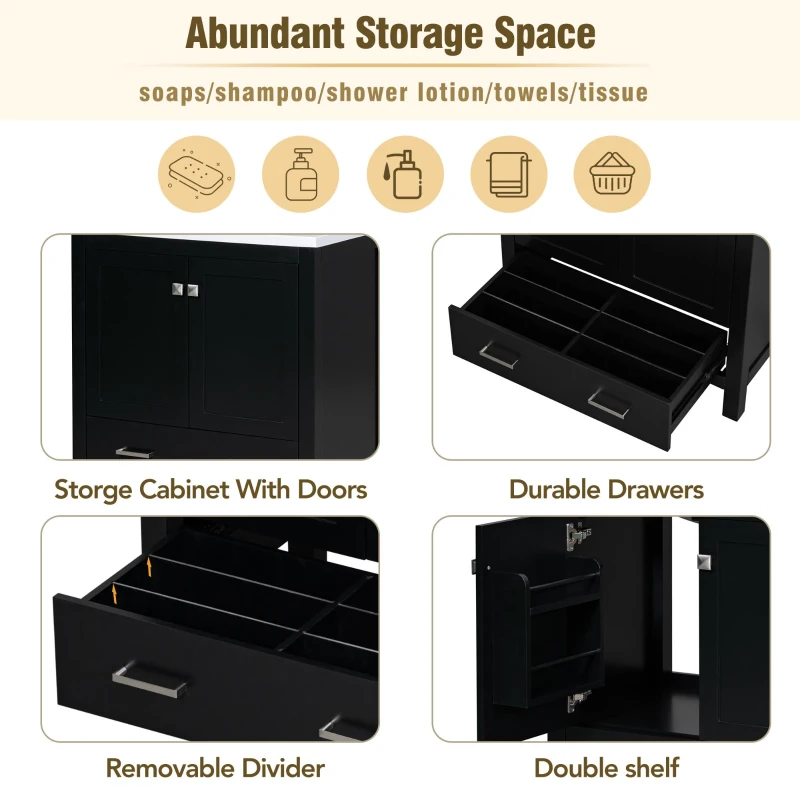 30" Bathroom Vanity with Single Undermount Sink, Cabinet with Soft-Close Doors and Versatile Storage, 30" L x 18.5" W x 34" H, Black+White