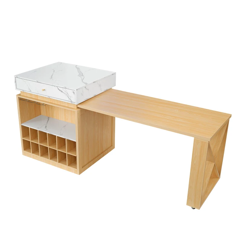 Modern Bar Table with 4-in-1 Extendable Pull-Out Table and Lockable Wheels, Kitchen Island with Adjustable Shelf, 82.5" L x 32.5" W x 28" H, White