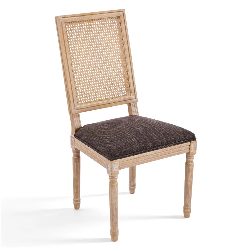 Set for 2 Dining Chairs with Rectangular Cane Backrest and Padded Seat, Cane Back Dining Seating with Fluted Legs, 20'' L x 22'' W x 39.5'' H, Brown