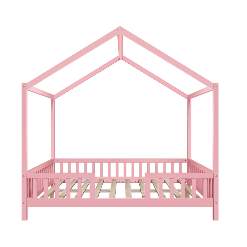 Montessori Full-Size House-Shaped Bed with Lightweight Polyester Canopy, Soft Pink Platform Bed for Child’s Room, 78.5'' L x 56.5'' W x 78'' H, Pink