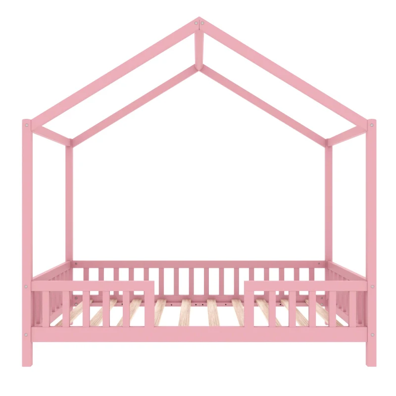 Twin-Size House-Style Toddler Bed Frame with 4-Sided High Railings, Montessori Floor Bed with Canopy, 78.5'' L x 41.5'' W x 78'' H, Pink