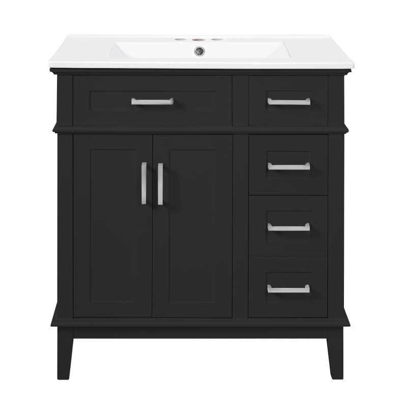 Free-Standing Bathroom Vanity with Ceramic Undermount/Drop-In Sink, Modern Storage Cabinet for Small Condos, 30'' L x 18'' W x 34'' H, Black