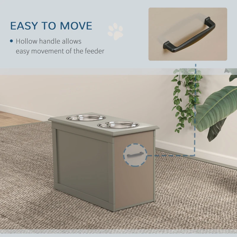 PawHut Elevated Dog Bowls for Large Dogs with Storage 2 Stainless Steel Dog Bowls， Elevated Base for Large Dogs, Grey