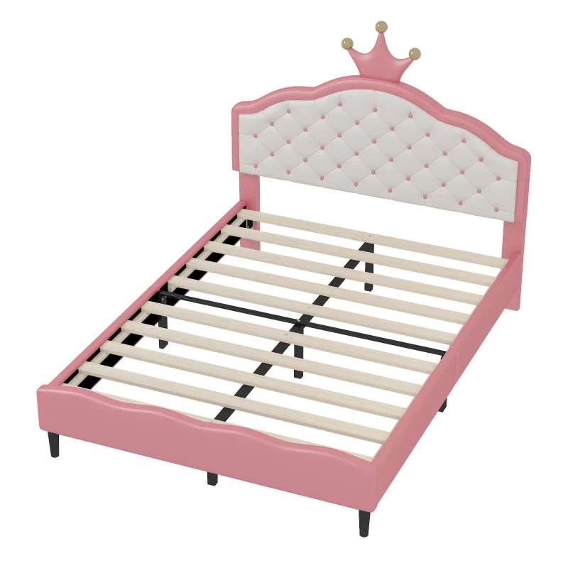 Full Size Princess Platform Bed with Crown-Tufted Headboard, Sturdy Bed Frame for Kid-Friendly Bedrooms, 77.5'' L x 56'' W x 48.5'' H, Pink