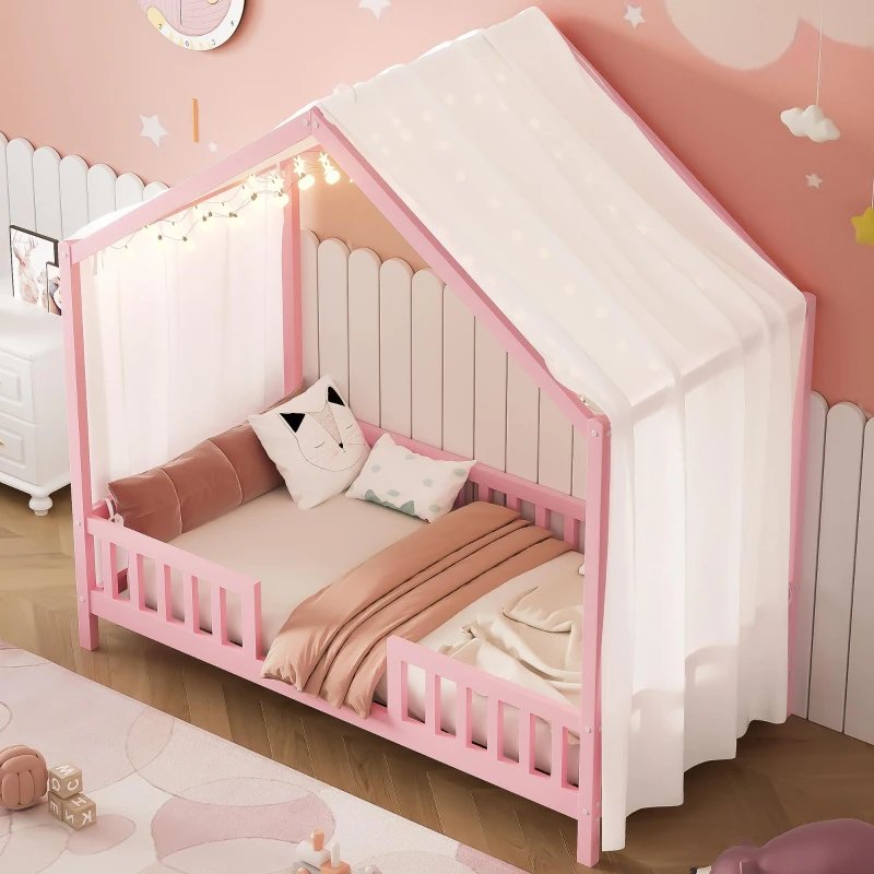 Twin-Size House-Style Toddler Bed Frame with 4-Sided High Railings, Montessori Floor Bed with Canopy, 78.5'' L x 41.5'' W x 78'' H, Pink