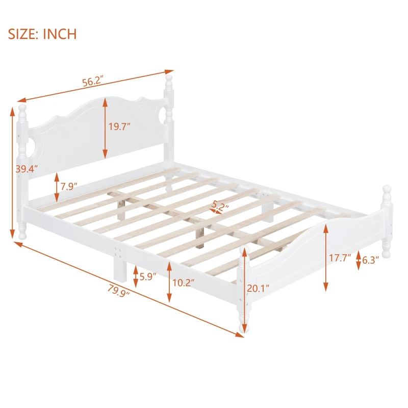 Full Size Platform Bed with 10 Plywood Slats and Wood-Finished Headboard, Retro-Style Bed Frame with Plywood, 80'' L x 56'' W x 39.5'' H, White