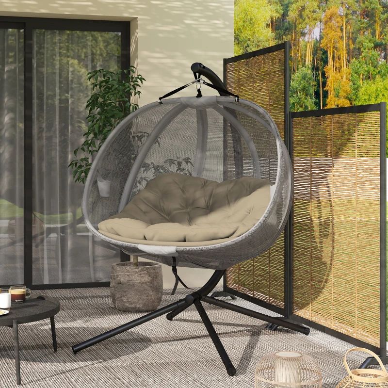 Outsunny Double Egg Chair with Stand, 2 Person Hanging Swing Egg Chair with Cushion, Pockets, Khaki