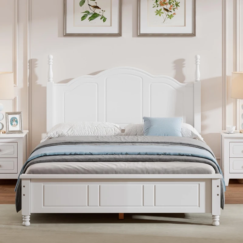 Full Size Wood Platform Bed with Wood-Finished Headboard, Retro-Style Bed Frame for Modern Condos, 80'' L x 56'' W x 43.5'' H, White