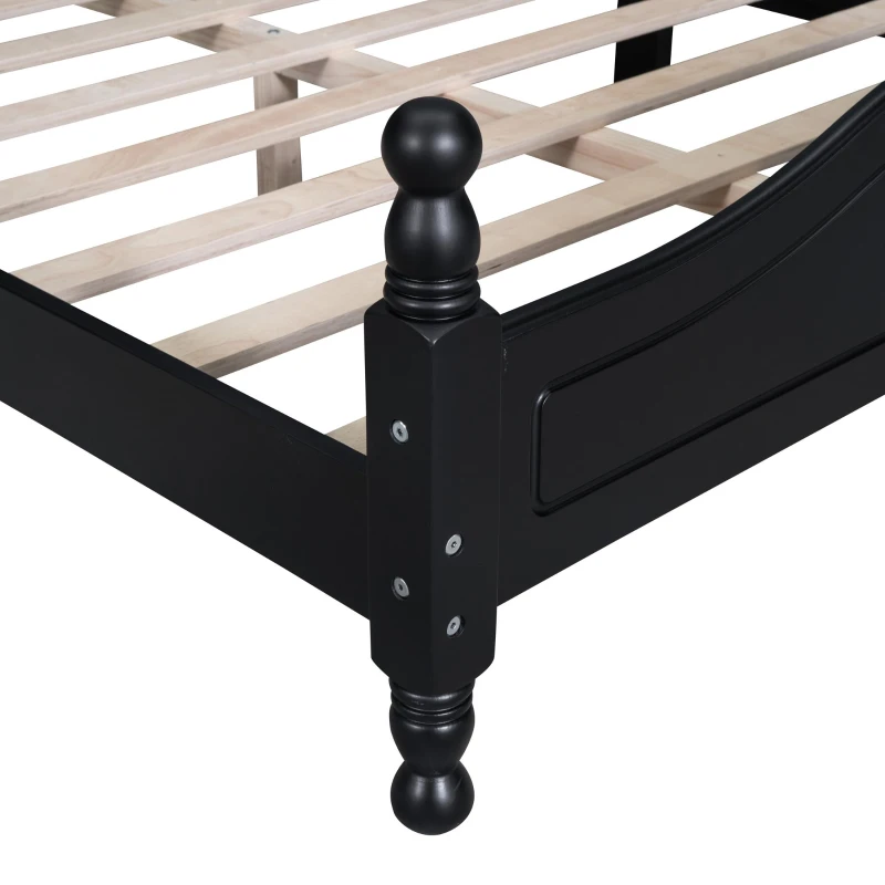 Queen Size Platform Bed with Retro Headboard and 10 Plywood Slats, Durable Bed Frame with Plywood Construction, 85'' L x 62.5'' W x 39.5'' H, Black