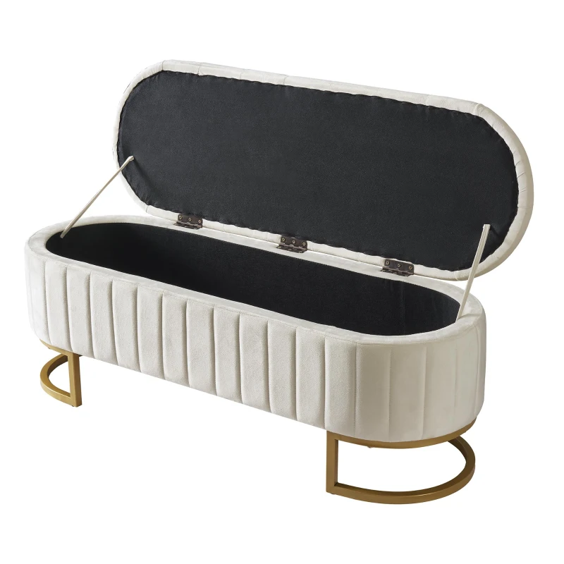 Upholstered Velvet Storage Ottoman Bench with Metal Legs, Button-Tufted Storage Bench with MDF Frame, 47'' L x 15.5'' W x 16.5'' H, Beige