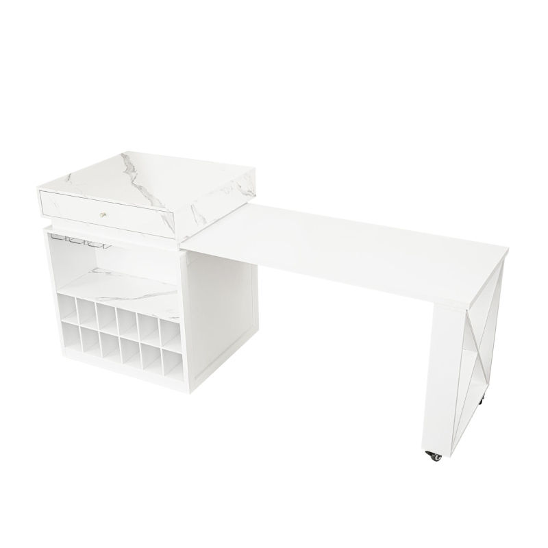 Modern Bar Table with 4-in-1 Extendable Pull-Out Table and Lockable Wheels, Kitchen Island with Adjustable Shelf, 82.5" L x 32.5" W x 28" H, White