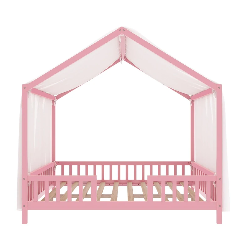 Montessori Full-Size House-Shaped Bed with Lightweight Polyester Canopy, Soft Pink Platform Bed for Child’s Room, 78.5'' L x 56.5'' W x 78'' H, Pink