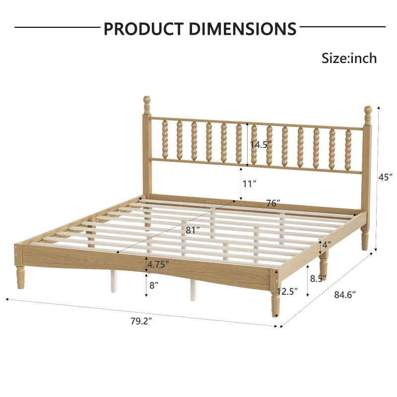 King Size Wood Platform Bed with Gourd-Shaped Headboard, Sturdy Bed Frame for Classic or Eclectic Décor, 84.5'' L x 79'' W x 45'' H, Natural
