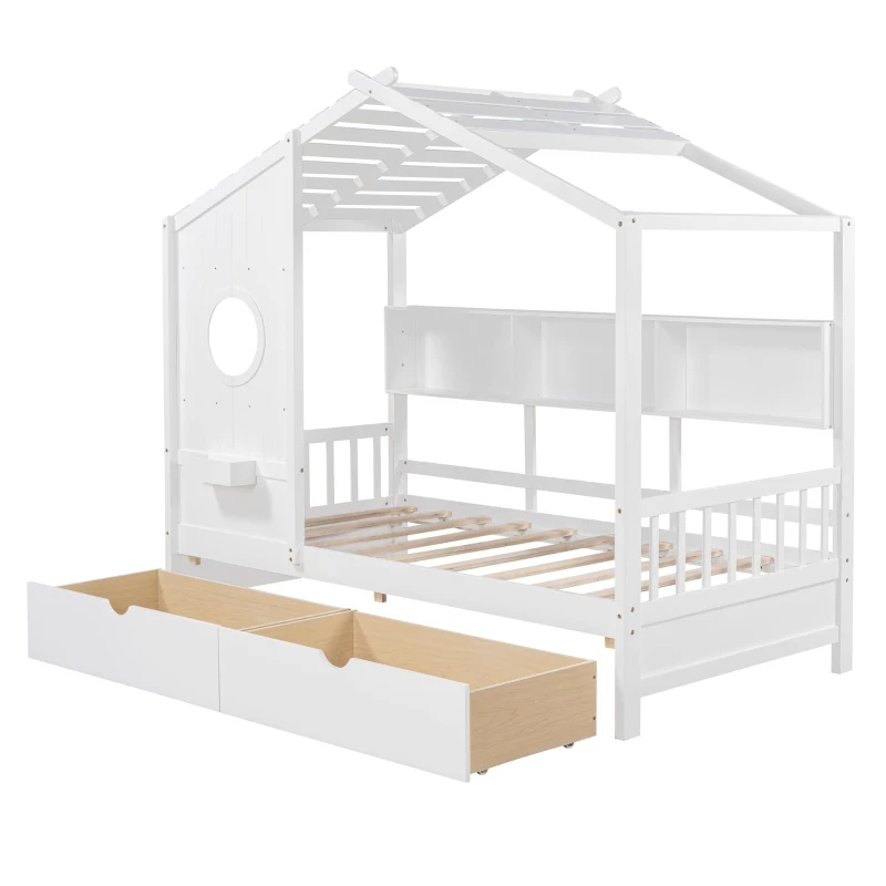 Kids Twin Size House Bed with 2 Storage Drawers and Rear Shelf, House-Style Kids Bed Frame with Plywood and MDF, 78'' L x 42.5'' W x 72'' H, White