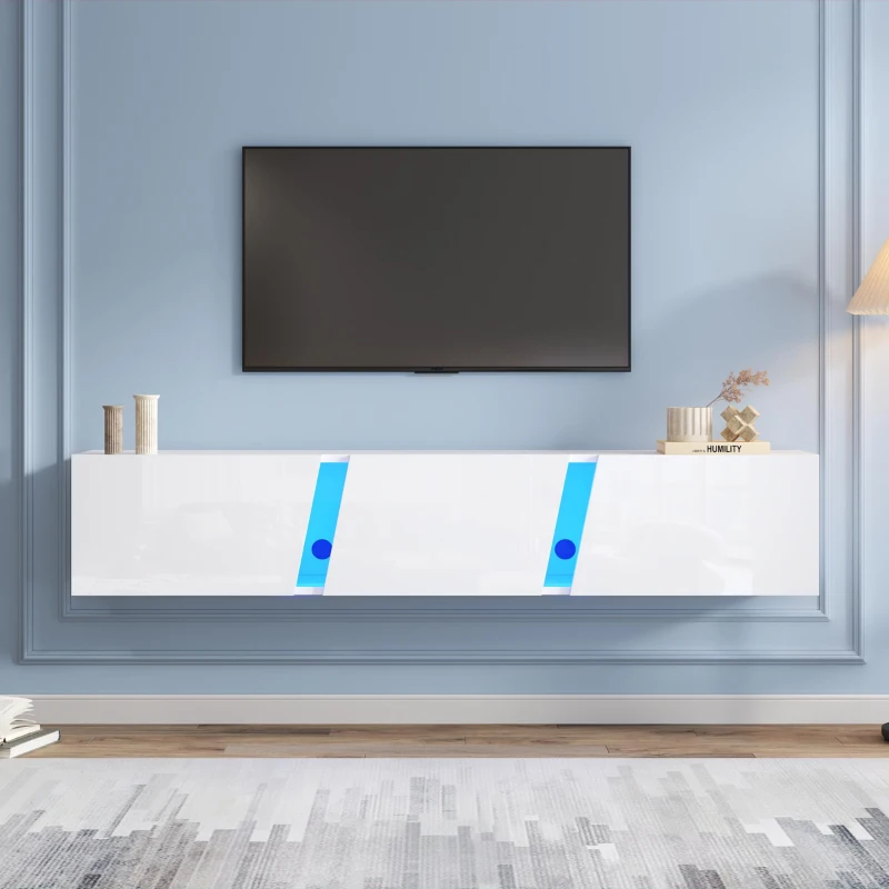 Wall-Mounted TV Stand with App-Controlled LED, Space-Saving TV Cabinet with Translucent Acrylic Panel, 65" L x 13.5" W x 12" H, White