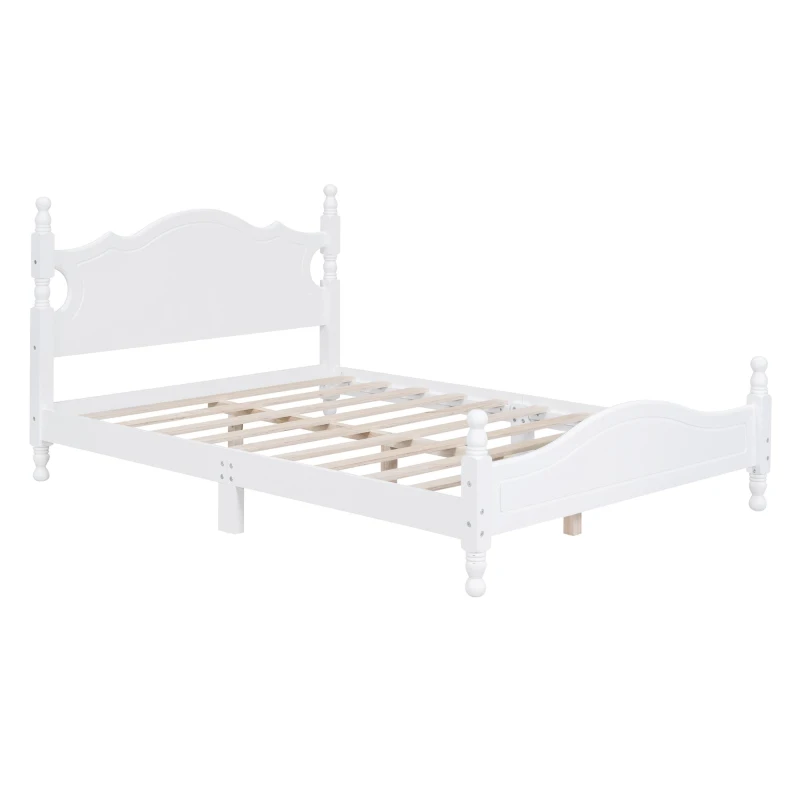 Full Size Platform Bed with 10 Plywood Slats and Wood-Finished Headboard, Retro-Style Bed Frame with Plywood, 80'' L x 56'' W x 39.5'' H, White