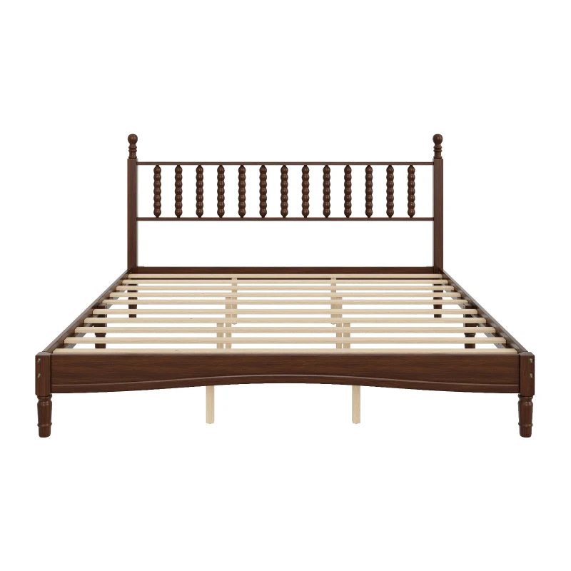 King-Size Wood Platform Bed with Gourd-Shaped Headboard, Sturdy Wooden Frame for Classic or Eclectic Interior, 84.5'' L x 79'' W x 45'' H, Walnut
