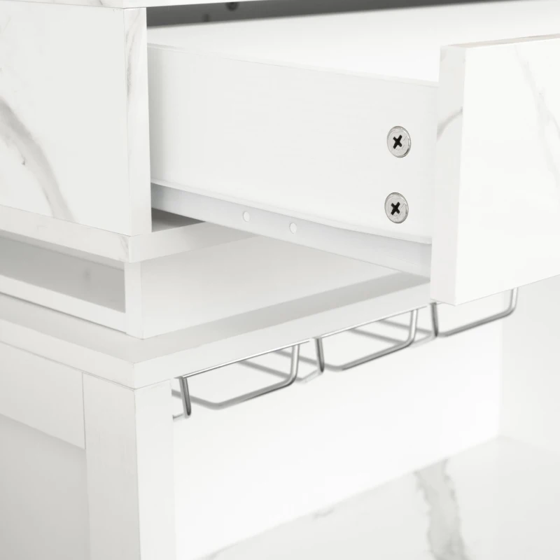 Modern Bar Table with 4-in-1 Extendable Pull-Out Table and Lockable Wheels, Kitchen Island with Adjustable Shelf, 82.5" L x 32.5" W x 28" H, White