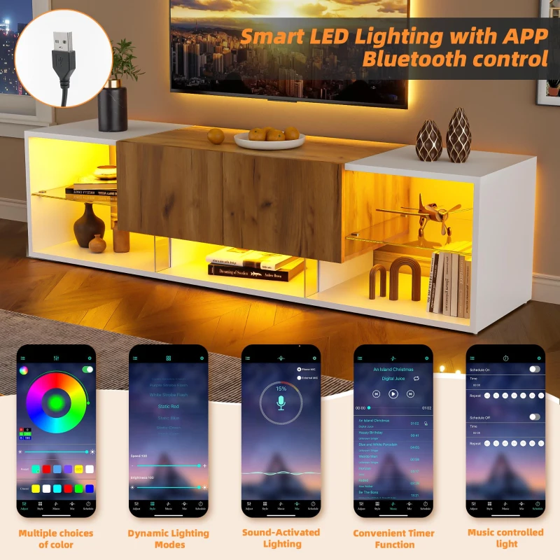 3-Tier TV Stand with App-Controlled LED Lighting and Glass Shelves, Sturdy TV Cabinet with 2 Drawers, 63" L x 15.5" W x 16.5" H, White+Natural
