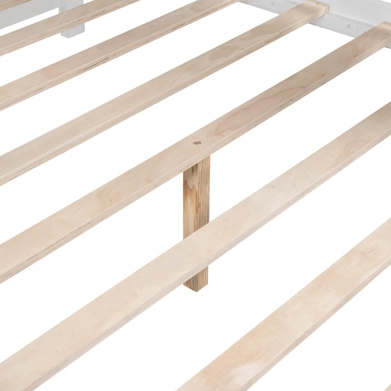 Full Size House Bed with Playful Pitched-Roof and Back Shelf, Wooden House Bed Frame with Sturdy Pine, 78'' L x 58'' W x 72'' H, White