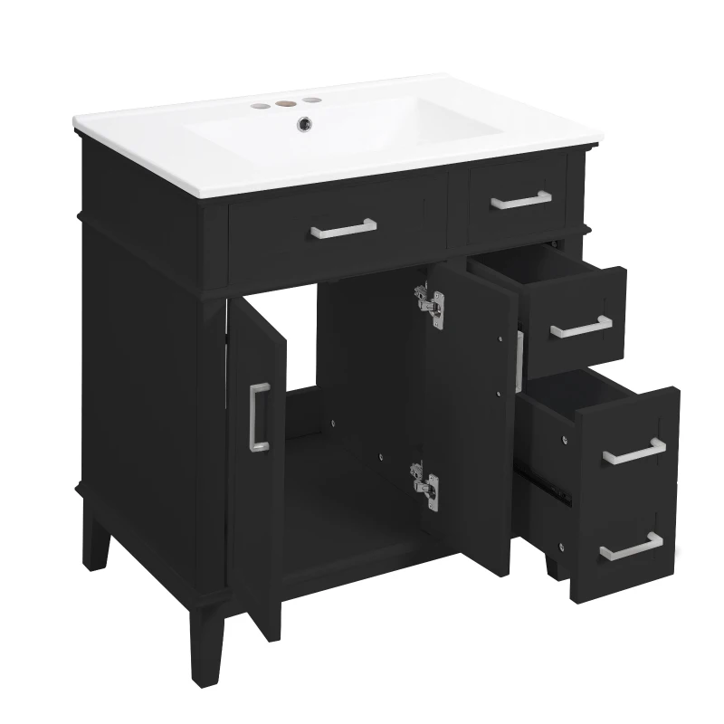 Free-Standing Bathroom Vanity with Ceramic Undermount/Drop-In Sink, Modern Storage Cabinet for Small Condos, 30'' L x 18'' W x 34'' H, Black