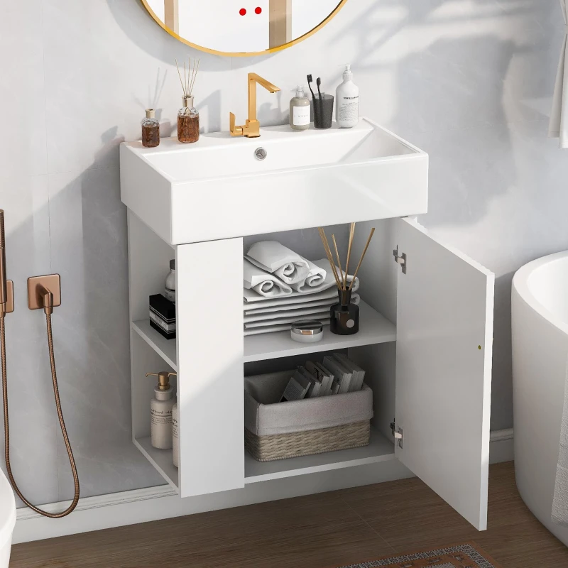 Modern Floating Bathroom Vanity with Ceramic Basin and Side Storage, Cabinet with Rose Gold Handle, 21.5" L x 12" W x 26.5" H, White