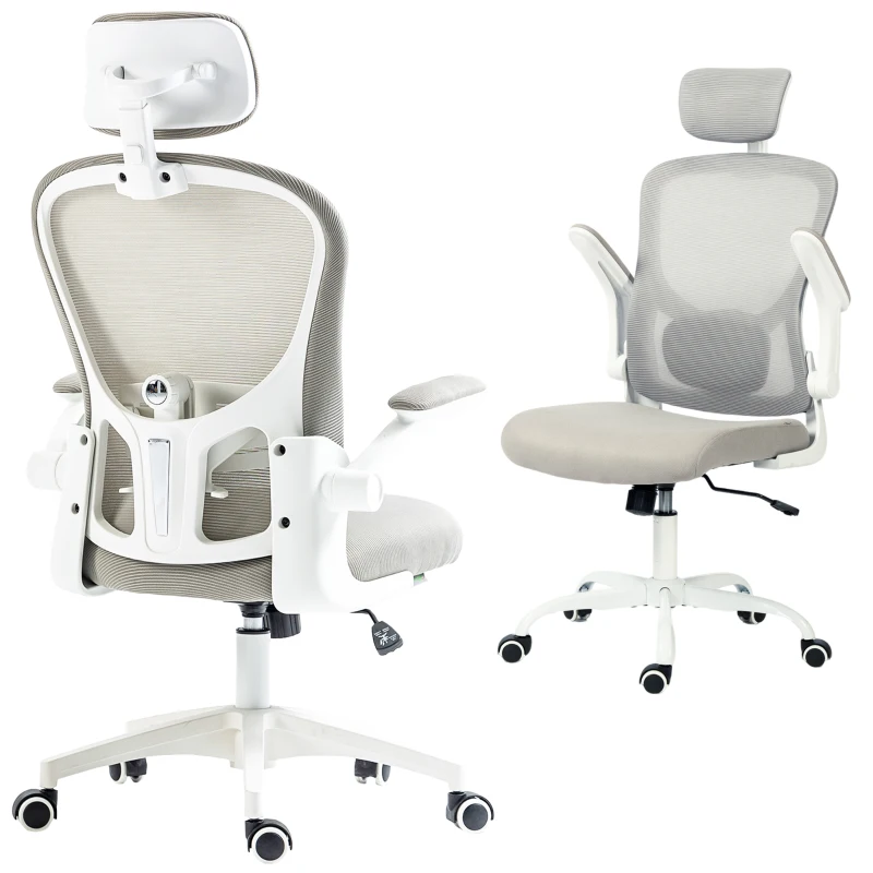 Vinsetto Office Chair, Mesh Computer Desk Chair with Adjustable Headrest, 4D Lumbar Support, Flip-up Arm, Grey