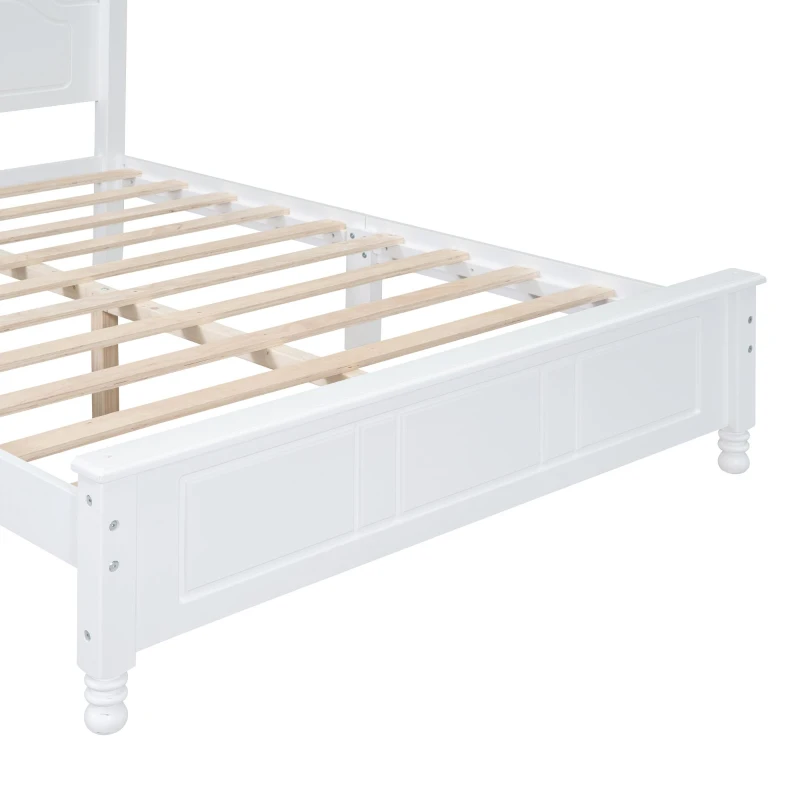 Full Size Wood Platform Bed with Wood-Finished Headboard, Retro-Style Bed Frame for Modern Condos, 80'' L x 56'' W x 43.5'' H, White