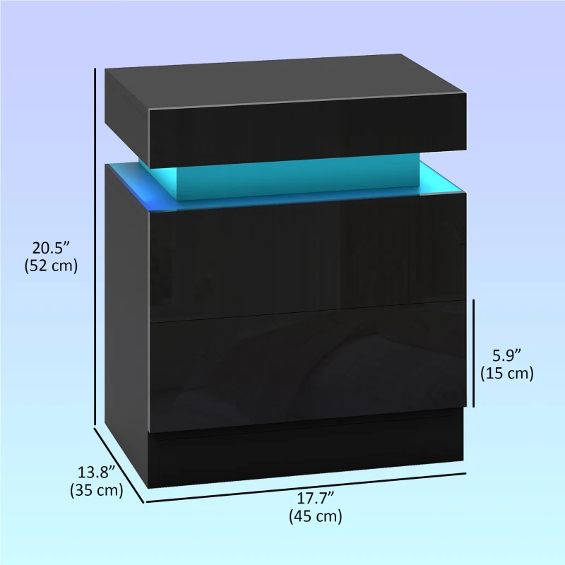 HOMCOM Nightstand Set of 2, End Side Tables with LED Lights, Bedside Tables with 2 Drawers, for Bedroom, Black