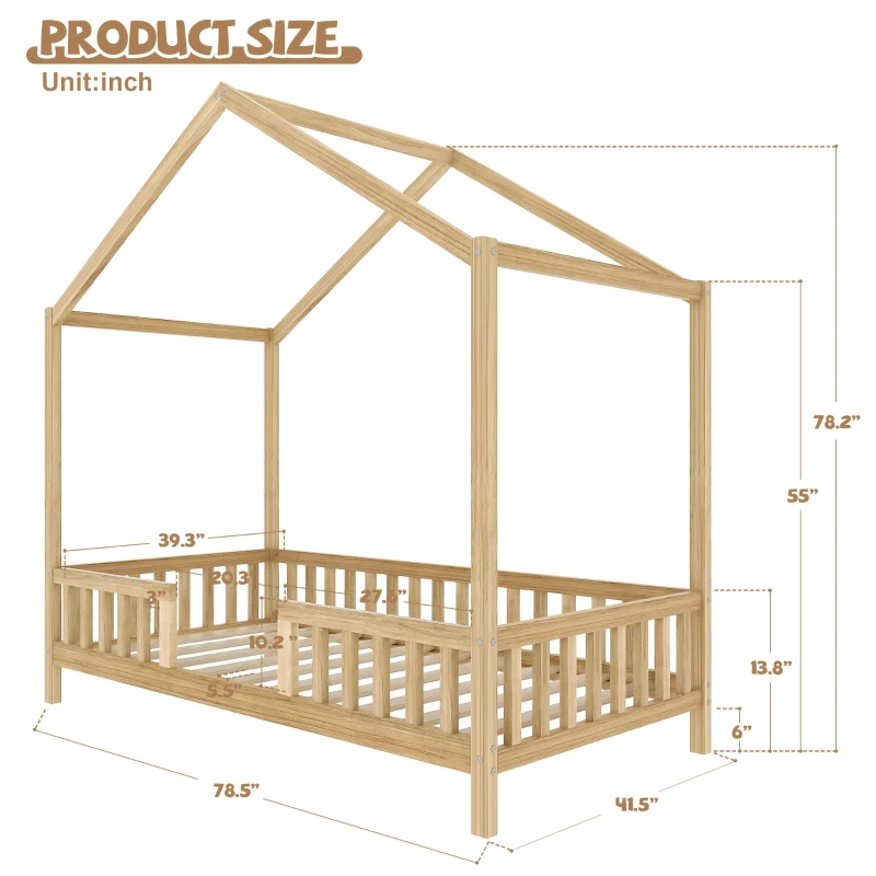 Twin House-Style Toddler Bed with Full Guardrails and DIY Canopy Frame, Montessori Floor Bed with Canopy, 78.5'' L x 41.5'' W x 78'' H, Natural