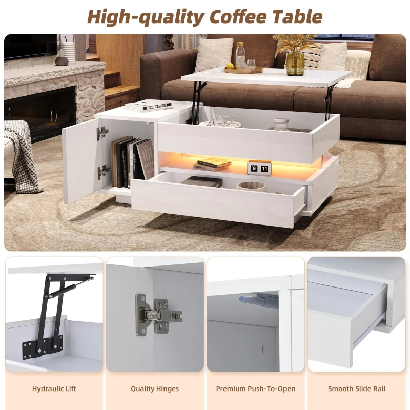 Height-Adjustable Coffee Table with App-Controlled RGB LED Lighting, Modern Center Table with Hidden Storage, 37.5" L x 19.5" W x 15.5" H, White