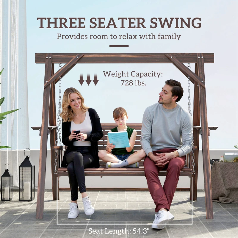 Outsunny 3 Seat Wooden Porch Swing with Stand, Patio Swing with Side Tables, for Garden, Poolside, Backyard, Carbonized Brown