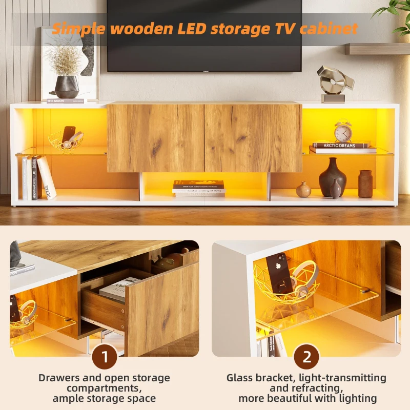 3-Tier TV Stand with App-Controlled LED Lighting and Glass Shelves, Sturdy TV Cabinet with 2 Drawers, 63" L x 15.5" W x 16.5" H, White+Natural