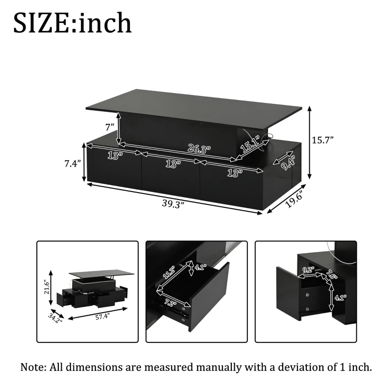 Sleek Lift-Top Coffee Table with Hydraulic Lift and App-Controlled LED Lighting, Versatile Center Table with Hidden Storage, 39.5" L x 19.5" W x 15.5" H, Black
