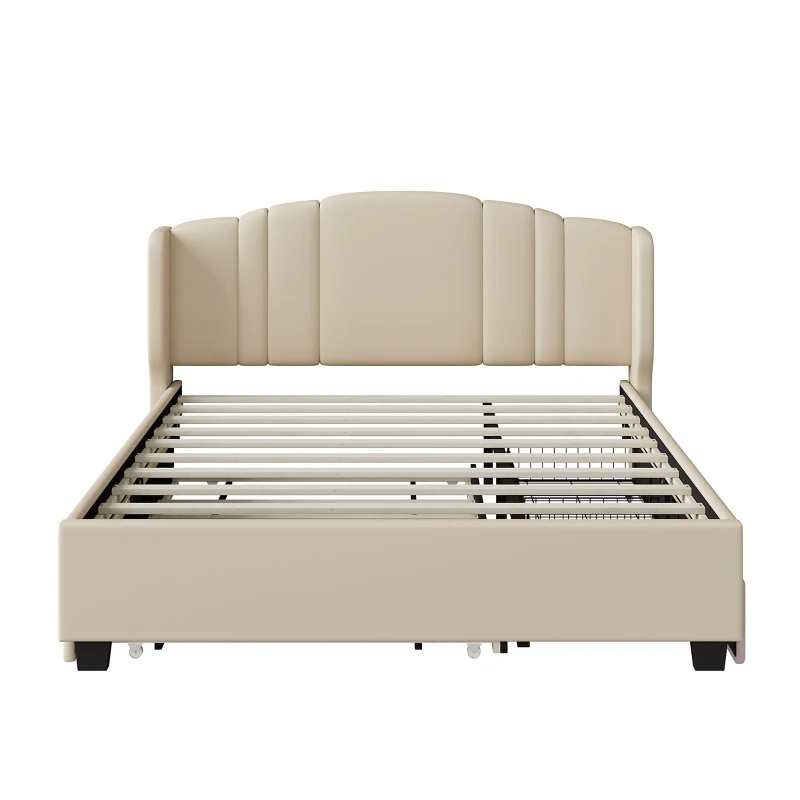 Upholstered Queen Platform Bed with Wingback Headboard and 2 Storage Drawers, Multi-Functional Bed Frame with Wood Slat, 86'' L x 65'' W x 43'' H, Beige