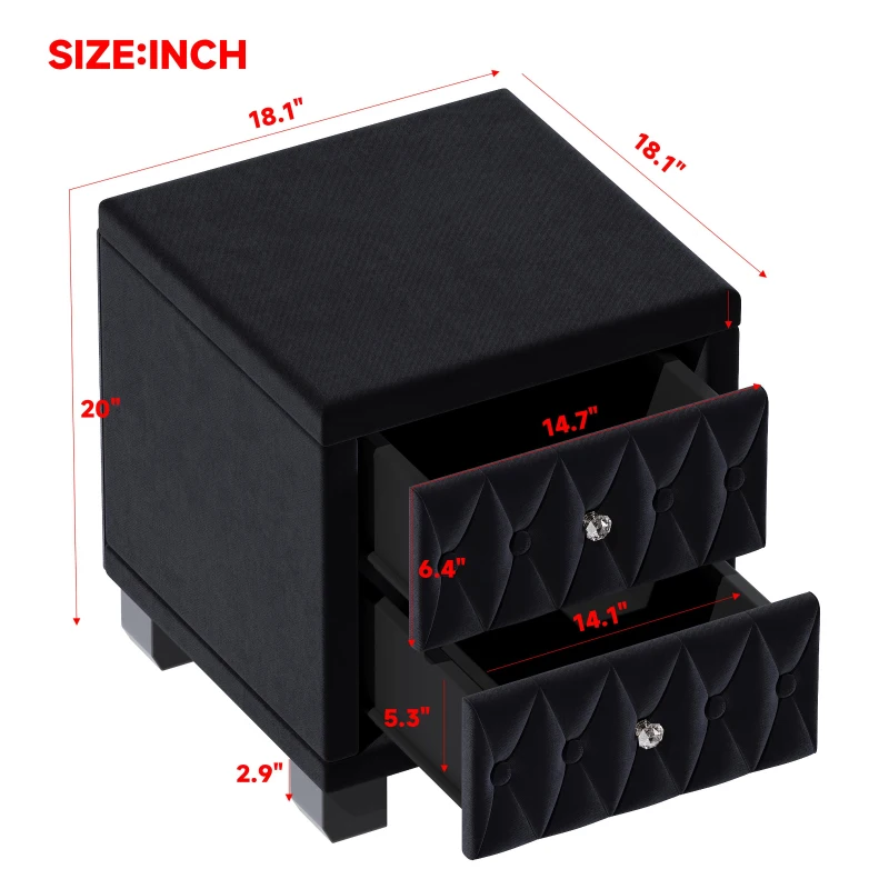 Velvet Nightstand with 2 Roomy Drawers and Crystal Handles, Solid Beside Table for Condos and City Homes, 18'' L x 18'' W x 20'' H, Black