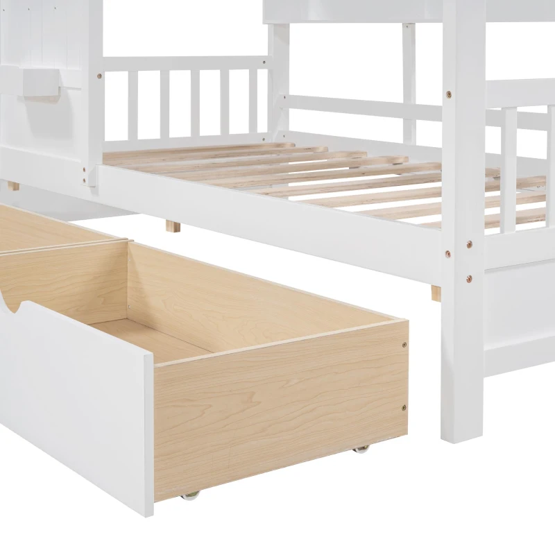 Kids Twin Size House Bed with 2 Storage Drawers and Rear Shelf, House-Style Kids Bed Frame with Plywood and MDF, 78'' L x 42.5'' W x 72'' H, White