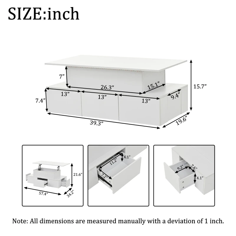Sleek Lift-Top Coffee Table with Hydraulic Lift and App-Controlled LED Lighting, Versatile Center Table with Hidden Storage, 39.5" L x 19.5" W x 15.5" H, White