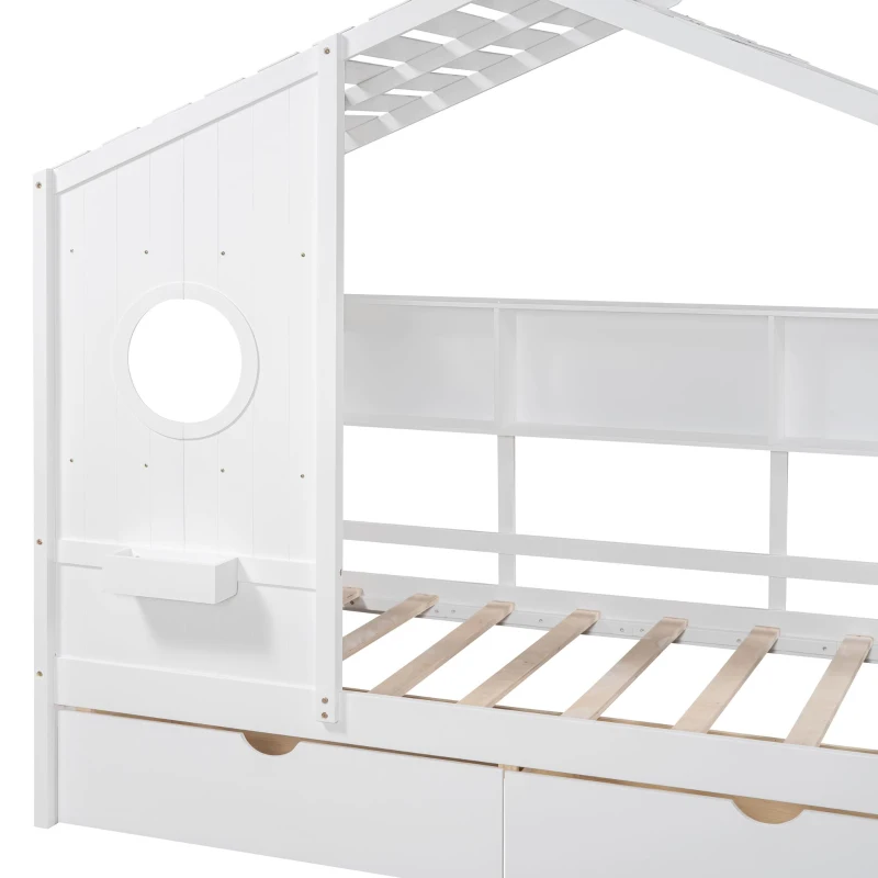 Kids Twin Size House Bed with 2 Storage Drawers and Rear Shelf, House-Style Kids Bed Frame with Plywood and MDF, 78'' L x 42.5'' W x 72'' H, White
