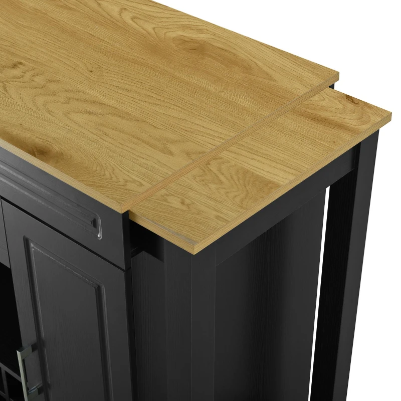 Expandable Bar Table with Adjustable Shelves and Rear Casters, Versatile Kitchen Counter with 2 Doors, 87.5″ L x 19.5″ W x 36″ H, Black+Natural