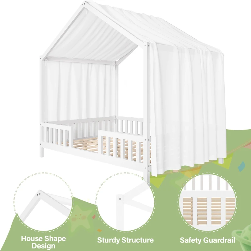 Full-Size Montessori Floor Bed with Canopy and Sturdy Pine, House-Style Platform Bed for Kids' Rooms, 78.5'' L x 56.5'' W x 78'' H, White