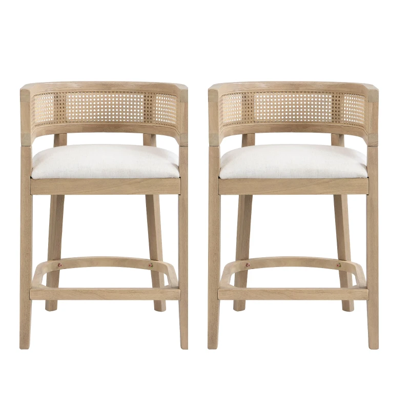 Rattan Upholstered Arm Counter Stools with U‑shaped backrest, Kitchen Island Stools with Foam Seat, 21'' L x 21'' W x 33.5'' H, Beige+Natural Ash