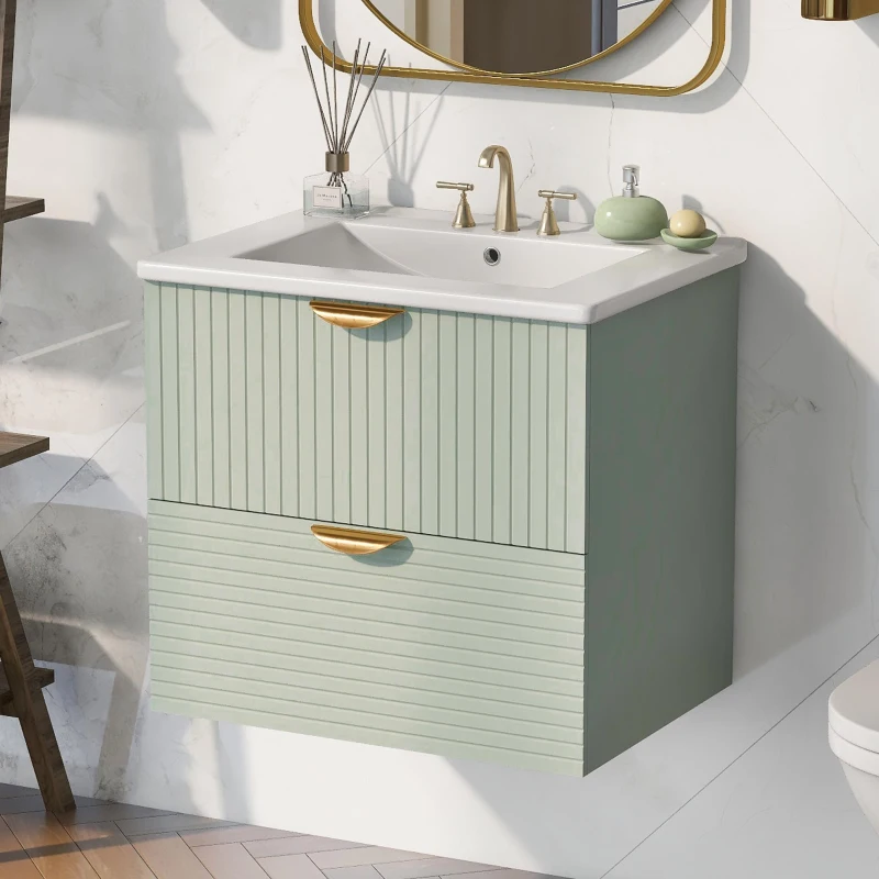 Modern Wall-Mounted Bathroom Vanity with 2 Drawers, Space-Saving Design for Small Bathrooms, 24" L x 18" W x 23" H, Green