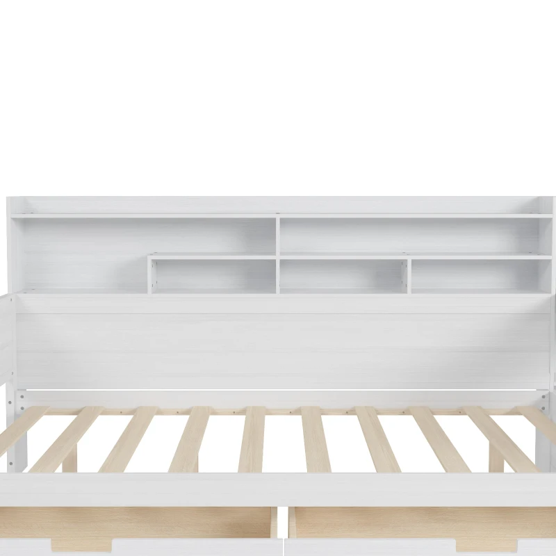Full Size Daybed with 2 Large Drawers and Built-In Study Desk, Space-Saving Guest Bed with Side Storage Shelves, 91.5'' L x 65'' W x 45'' H, Antique White