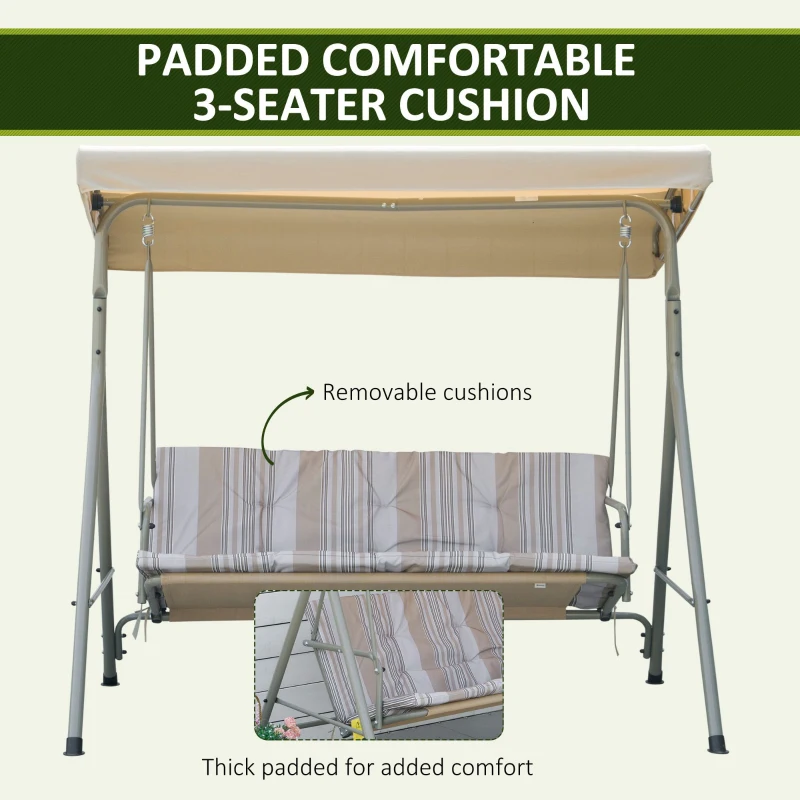 Outsunny 3-Seat Patio Swing Chair, Outdoor Porch Swing Glider with Adjustable Canopy, Light Brown