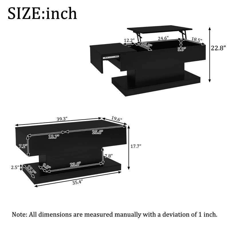 Lift-Top Coffee Table with Sliding Extendable Desktop, Space-Saving Center Table with Height-Adjustable Lift, 39.5" L x 19.5" W x 17.5" H, Black